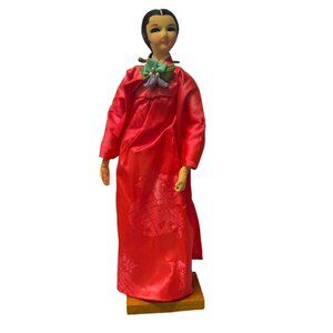 VTG Korean Stockinette Doll Bright Pink Dress Painted Face Fingers Bend Korea